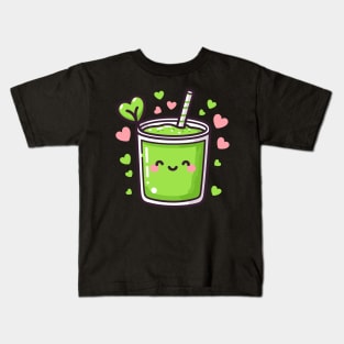 Cute Kawaii Green Smoothie Drink with Hearts | Vegan Design for Kawaii Lovers Kids T-Shirt